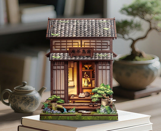 miniature model of a Japanese tea house with warm light in a zen vibe setting