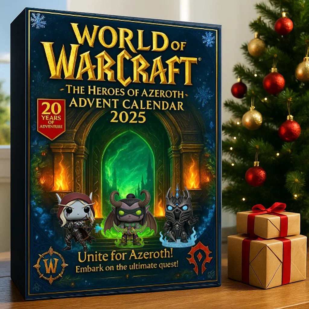 World of Warcraft advent calendar 2025 with Christmas tree and presents in the background