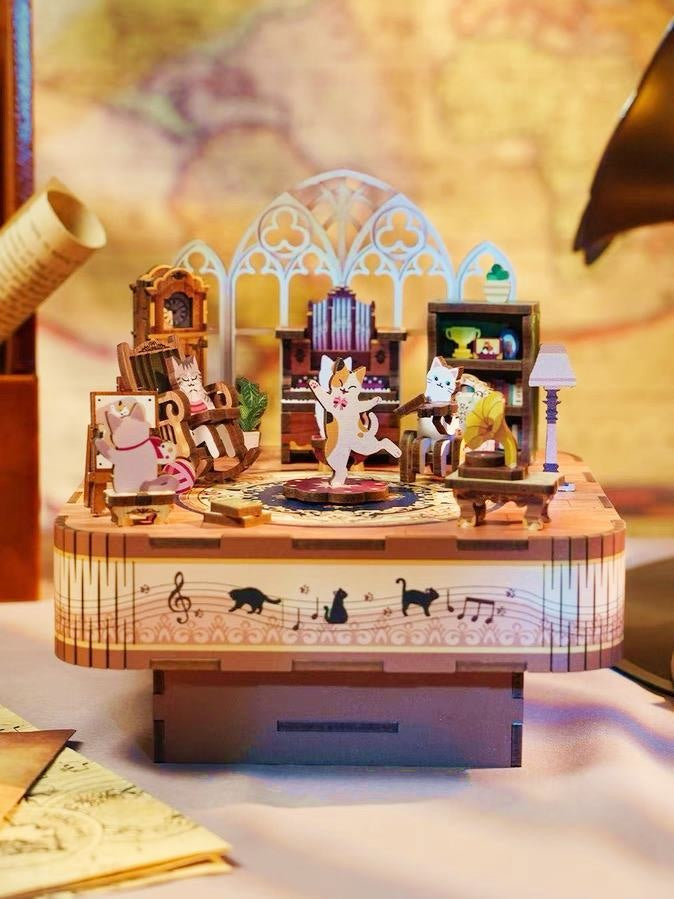 tonecheer diy music box - cat's party - 3d wooden mechanical puzzle - miniature crafts
