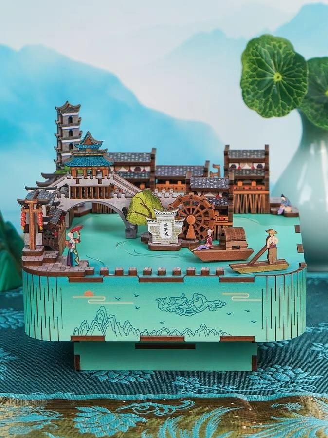 ancient town diy music box - 3d wooden mechanical puzzle - miniature crafts