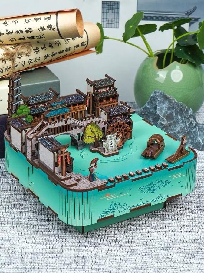 ancient town diy music box - 3d wooden mechanical puzzle - miniature crafts