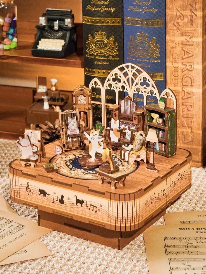 tonecheer diy music box - cat's party - 3d wooden mechanical puzzle - miniature crafts
