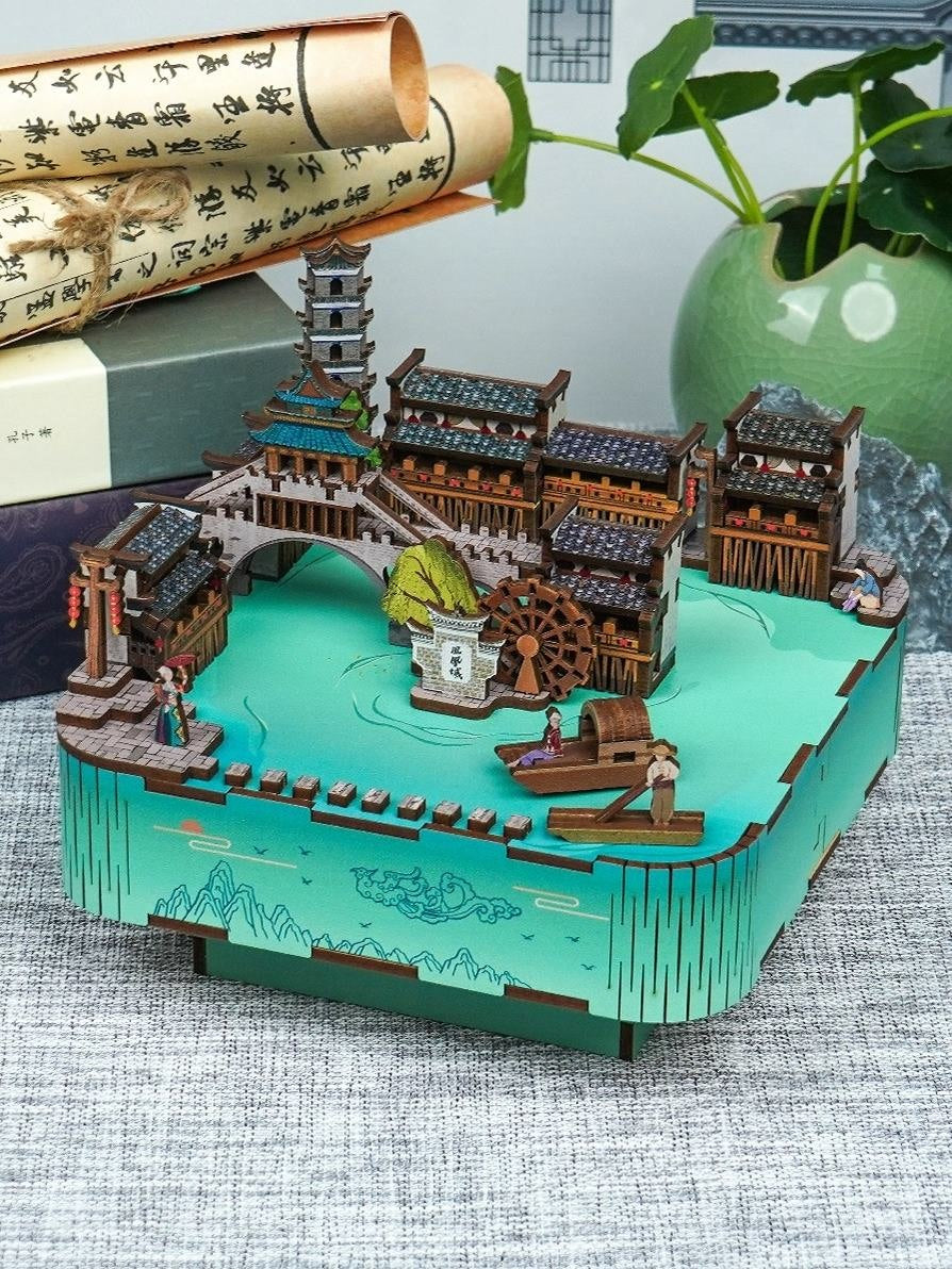 ancient town diy music box - 3d wooden mechanical puzzle - miniature crafts