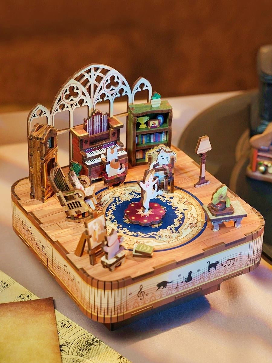 tonecheer diy music box - cat's party - 3d wooden mechanical puzzle - miniature crafts