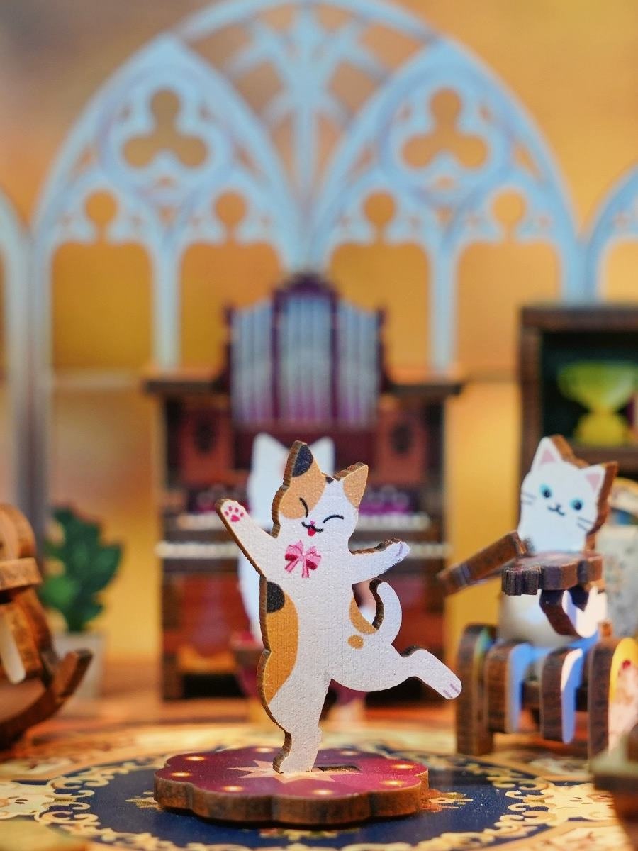 tonecheer diy music box - cat's party - 3d wooden mechanical puzzle - miniature crafts