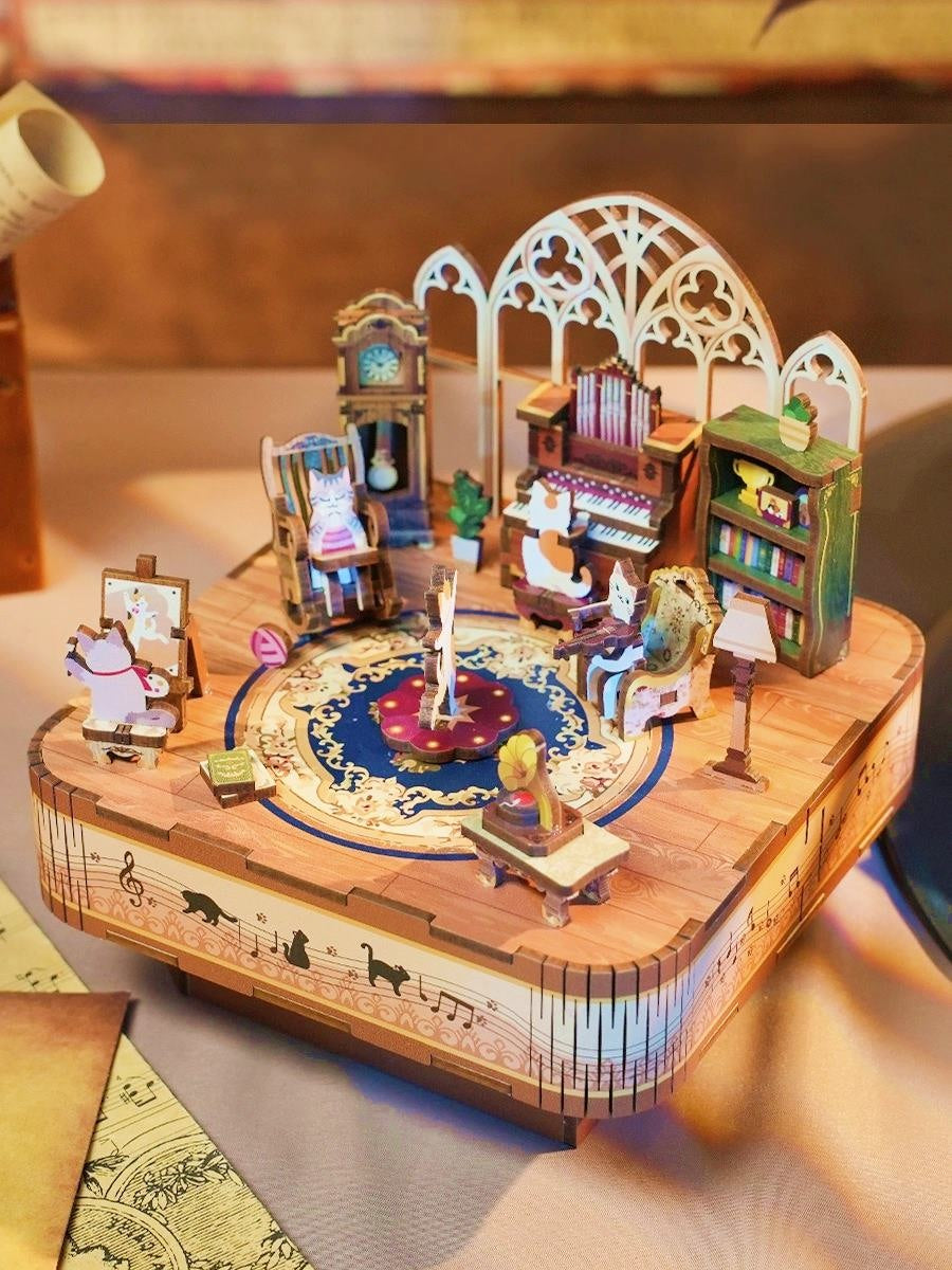 tonecheer diy music box - cat's party - 3d wooden mechanical puzzle - miniature crafts