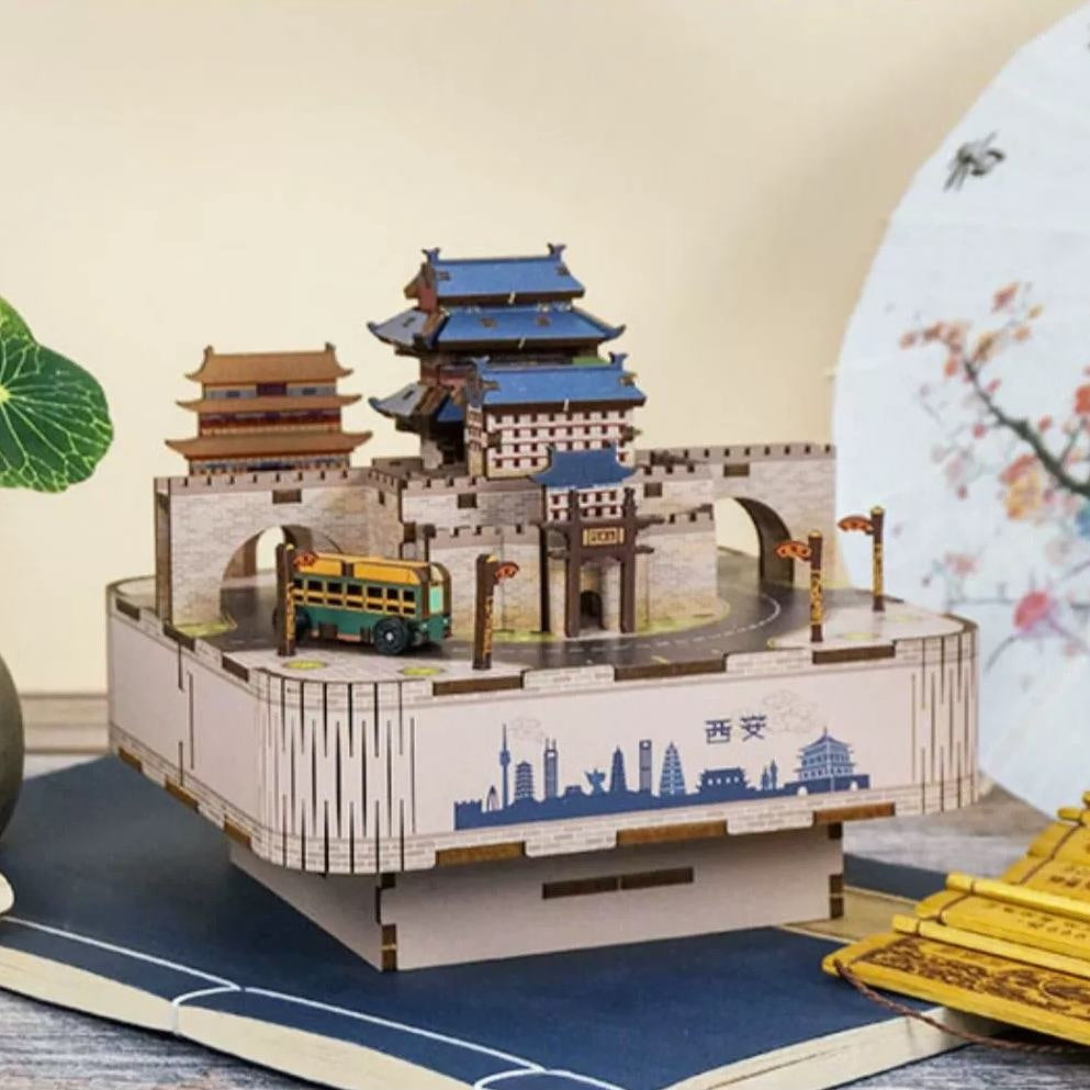ancient chinese city diy music box - 3d wooden mechanical puzzle - miniature crafts