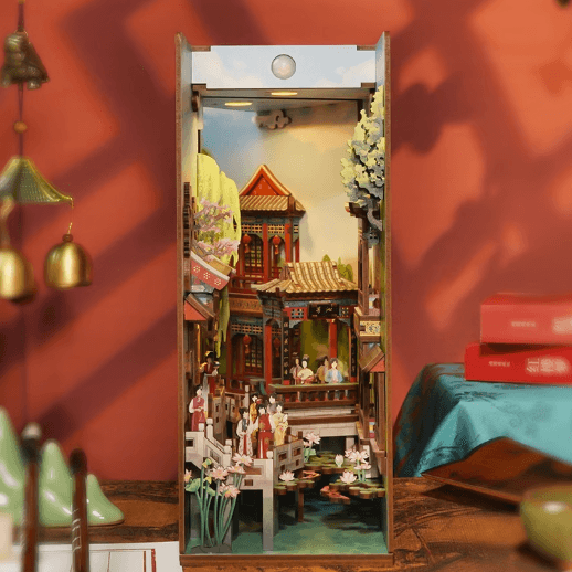 A Dream in Red Mansions DIY Wooden Book Nook Kit, A charming miniature 3d wooden puzzles inspired by Chinese famous novel, perfect for crafting enthusiasts, dollhouse collectors and Chinese culture lovers alike. Ideal for bookshelf decor of gifting. front side view