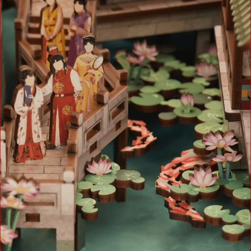 A Dream in Red Mansions DIY Wooden Book Nook Kit, A charming miniature 3d wooden puzzles inspired by Chinese famous novel, perfect for crafting enthusiasts, dollhouse collectors and Chinese culture lovers alike. Ideal for bookshelf decor of gifting. detail