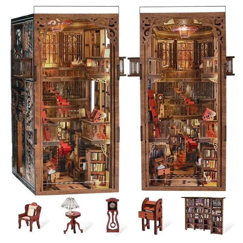 image displaying the left 45 degree angle view of Abbey Library DIY Book Nook Kit, and miniature furniture of it