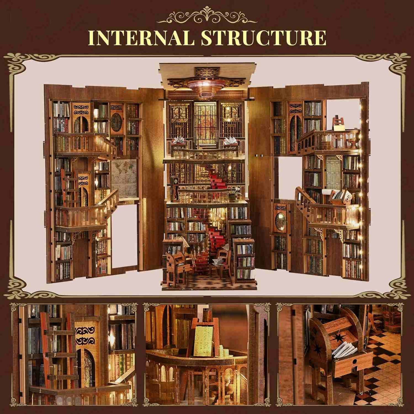 image displaying the interior structure of Abbey Library DIY Book Nook Kit