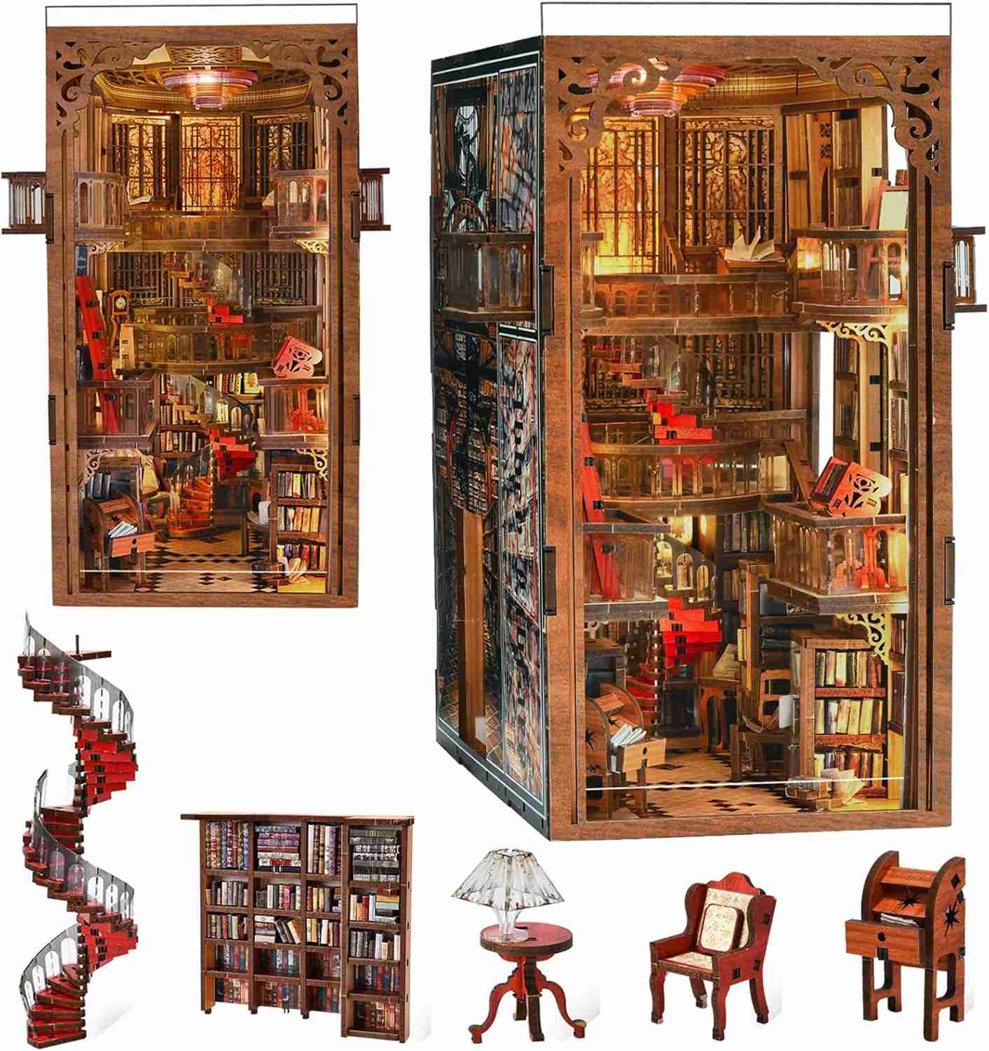 image displaying the miniature furniture of Abbey Library DIY Book Nook Kit, including the giant bookshelf, chair, table and spiral stair