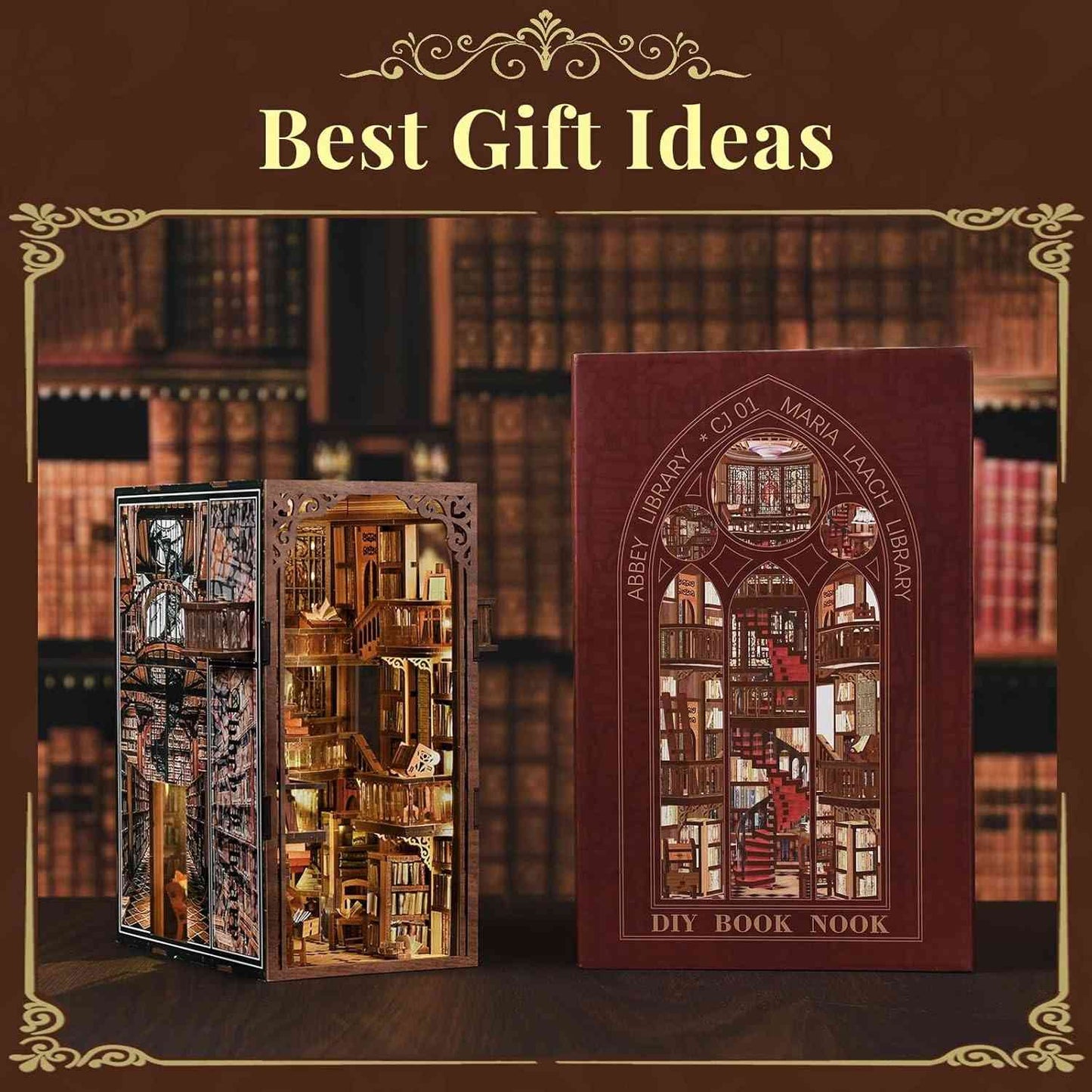 image displaying the finished Abbey Library DIY Book Nook and its elaborated package