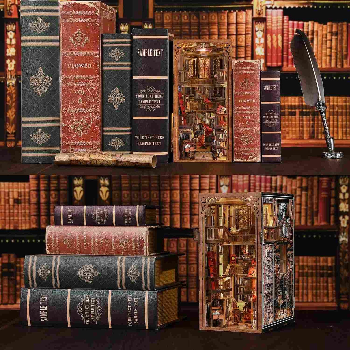 image displaying the finished Abbey Library DIY Book Nook in bookshelf setting