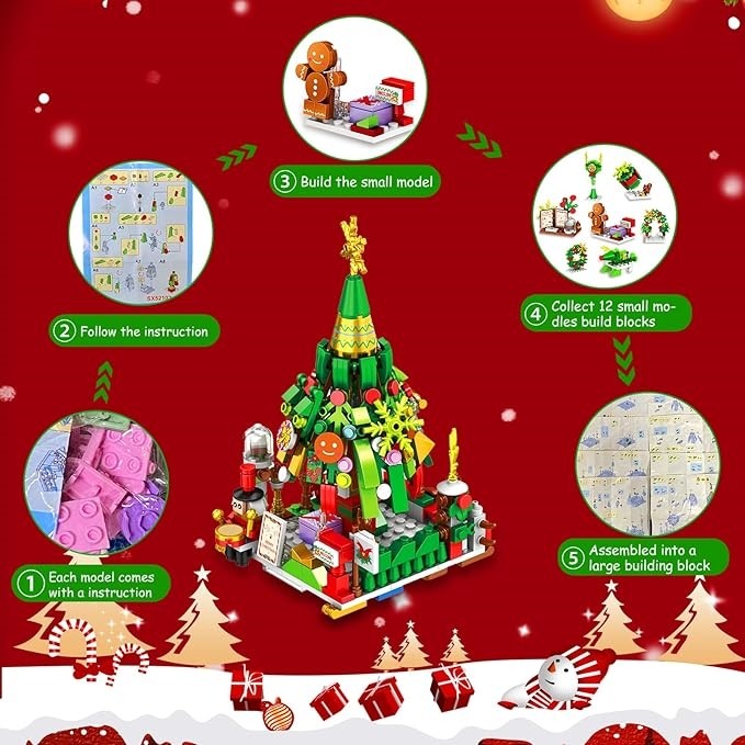 diagrams to display how to build the Christmas Tree Advent Calendar 24 Days Countdown Building Blocks Set