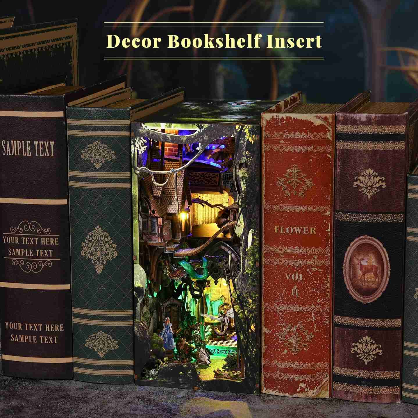 image displaying the finished Alice in Wonderland Down The Rabbit Hole DIY Book Nook Kit in a bookshelf
insert decor setting