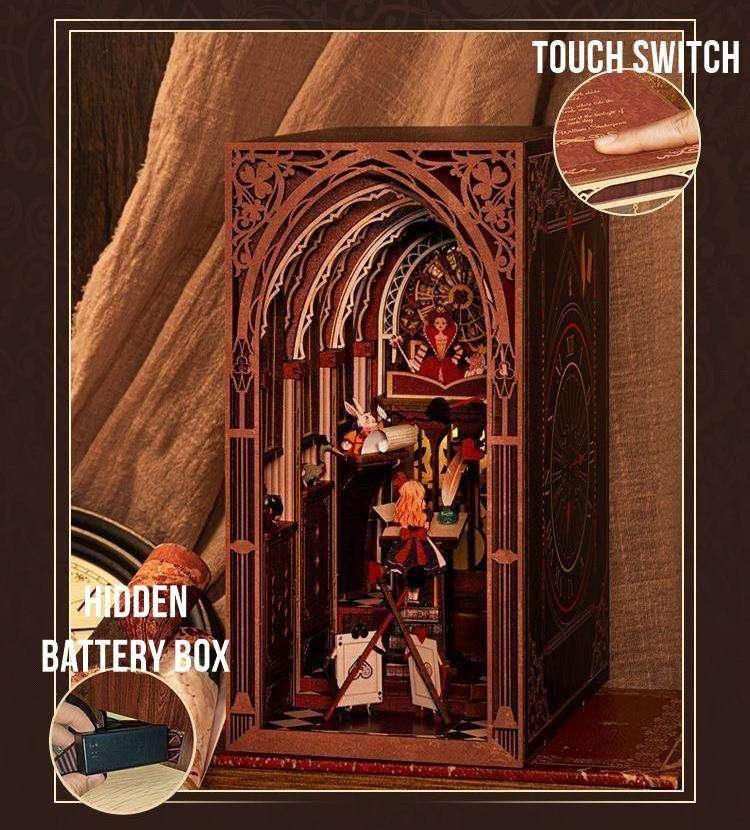 Alice's Evidence DIY book nook kit, inspired by the iconic chapter from "Alice's Adventures in Wonderland.", A charming miniature 3d wooden puzzles relives the charm of this classic tale with authentic miniature scenes., perfect for bookshelf decor, and dollhouse collectors, or a gift for wonderland fans.