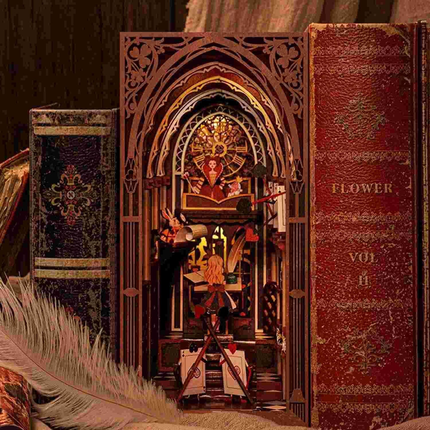 Alice's Evidence DIY book nook kit, inspired by the iconic chapter from "Alice's Adventures in Wonderland.", A charming miniature 3d wooden puzzles relives the charm of this classic tale with authentic miniature scenes., perfect for bookshelf decor, and dollhouse collectors, or a gift for wonderland fans.