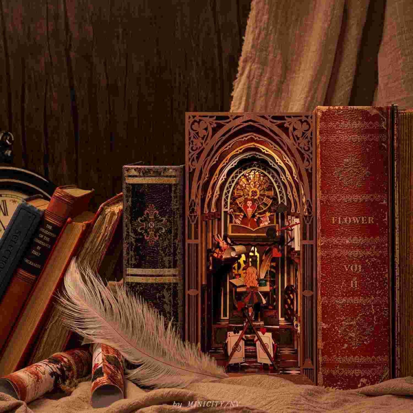 Alice's Evidence DIY book nook kit, inspired by the iconic chapter from "Alice's Adventures in Wonderland.", A charming miniature 3d wooden puzzles relives the charm of this classic tale with authentic miniature scenes., perfect for bookshelf decor, and dollhouse collectors, or a gift for wonderland fans.