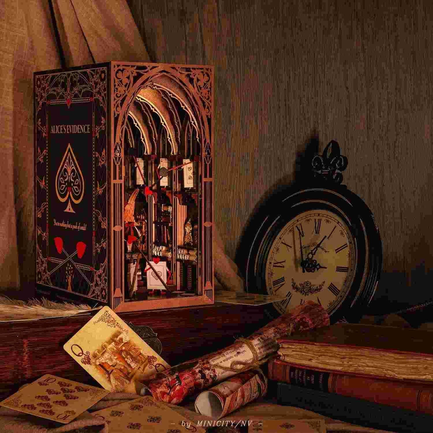 Alice's Evidence DIY book nook kit, inspired by the iconic chapter from "Alice's Adventures in Wonderland.", A charming miniature 3d wooden puzzles relives the charm of this classic tale with authentic miniature scenes., perfect for bookshelf decor, and dollhouse collectors, or a gift for wonderland fans.
