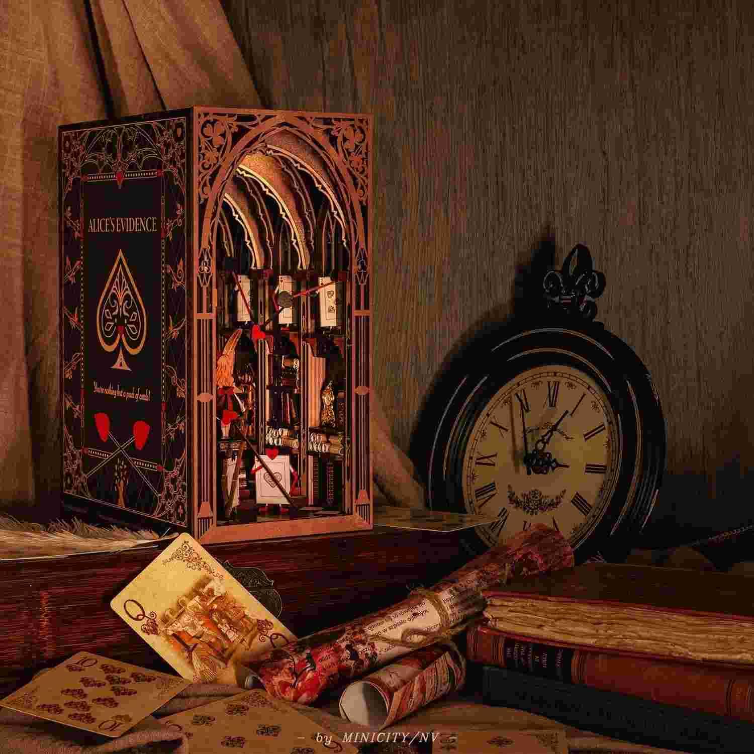 Alice's Evidence DIY book nook kit, inspired by the iconic chapter from "Alice's Adventures in Wonderland.", A charming miniature 3d wooden puzzles relives the charm of this classic tale with authentic miniature scenes., perfect for bookshelf decor, and dollhouse collectors, or a gift for wonderland fans.