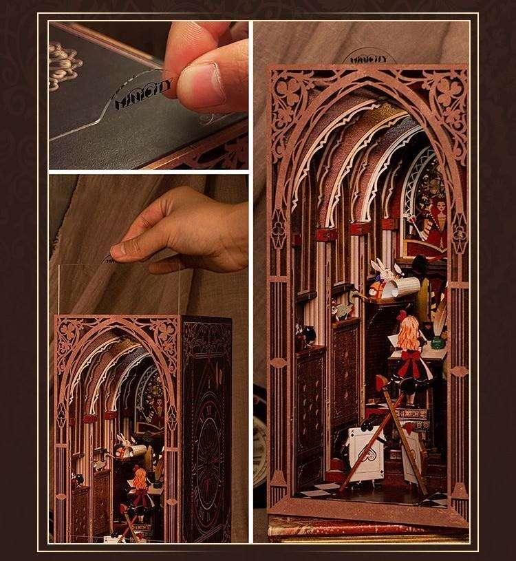 Alice's Evidence DIY book nook kit, inspired by the iconic chapter from "Alice's Adventures in Wonderland.", A charming miniature 3d wooden puzzles relives the charm of this classic tale with authentic miniature scenes., perfect for bookshelf decor, and dollhouse collectors, or a gift for wonderland fans.