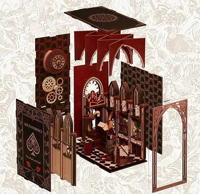 Alice's Evidence DIY book nook kit, inspired by the iconic chapter from "Alice's Adventures in Wonderland.", A charming miniature 3d wooden puzzles relives the charm of this classic tale with authentic miniature scenes., perfect for bookshelf decor, and dollhouse collectors, or a gift for wonderland fans.