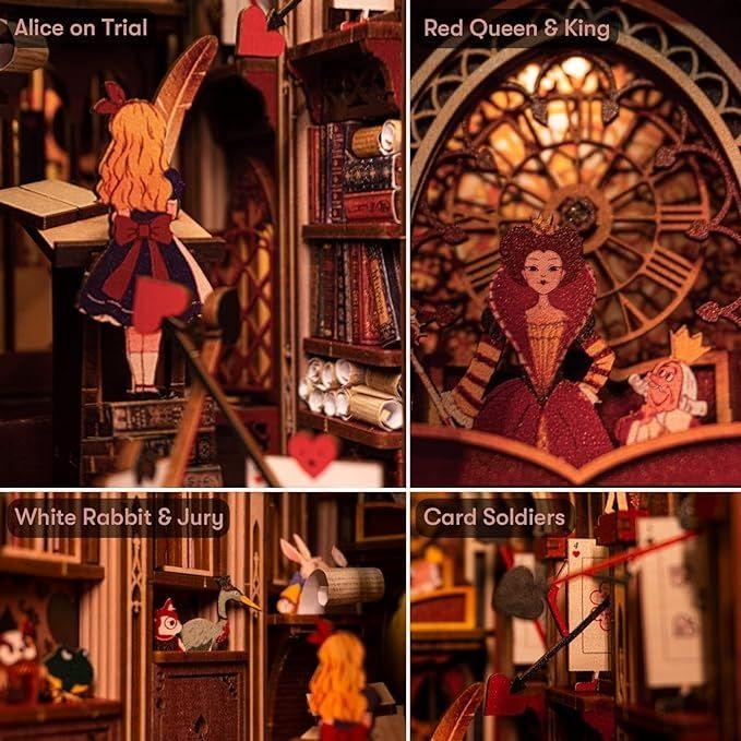 Alice's Evidence DIY book nook kit, inspired by the iconic chapter from "Alice's Adventures in Wonderland.", A charming miniature 3d wooden puzzles relives the charm of this classic tale with authentic miniature scenes., perfect for bookshelf decor, and dollhouse collectors, or a gift for wonderland fans.