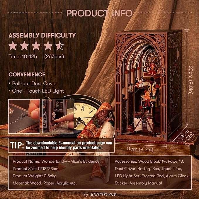Alice's Evidence DIY book nook kit, inspired by the iconic chapter from "Alice's Adventures in Wonderland.", A charming miniature 3d wooden puzzles relives the charm of this classic tale with authentic miniature scenes., perfect for bookshelf decor, and dollhouse collectors, or a gift for wonderland fans.