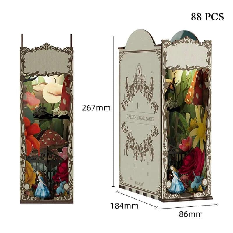 Alice's Word DIY Book Nook Kit, Garden Travel Note Bookend, Alice in wonderland Inspired Bookshelf Insert Decor, 3D Wooden Puzzles Miniature House Crafts