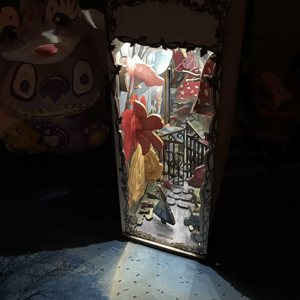 Alice's Word DIY Book Nook Kit, Garden Travel Note Bookend, Alice in wonderland Inspired Bookshelf Insert Decor, 3D Wooden Puzzles Miniature House Crafts
