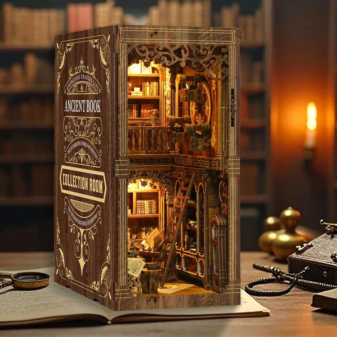 image displaying the assembled Ancient Book DIY Book Nook Kit in a vintage study room setting