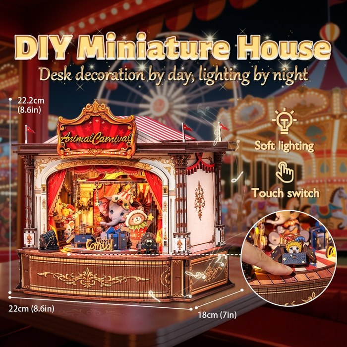 DIY miniature house with carnival theme, soft lighting, and touch switch feature.
