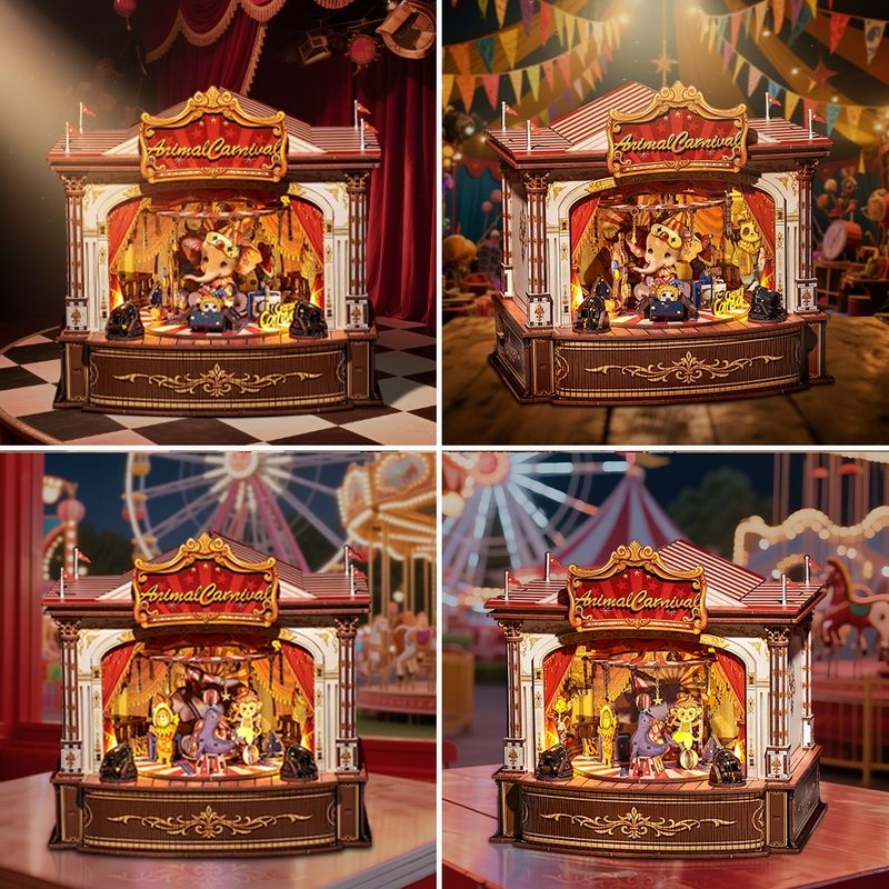 Collage of Animal Carnival Miniature House with animated figures and 'Animal Carnival' sign.