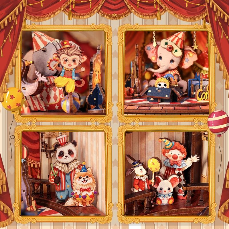 Four circus-themed figures with colorful decorations in a red curtain