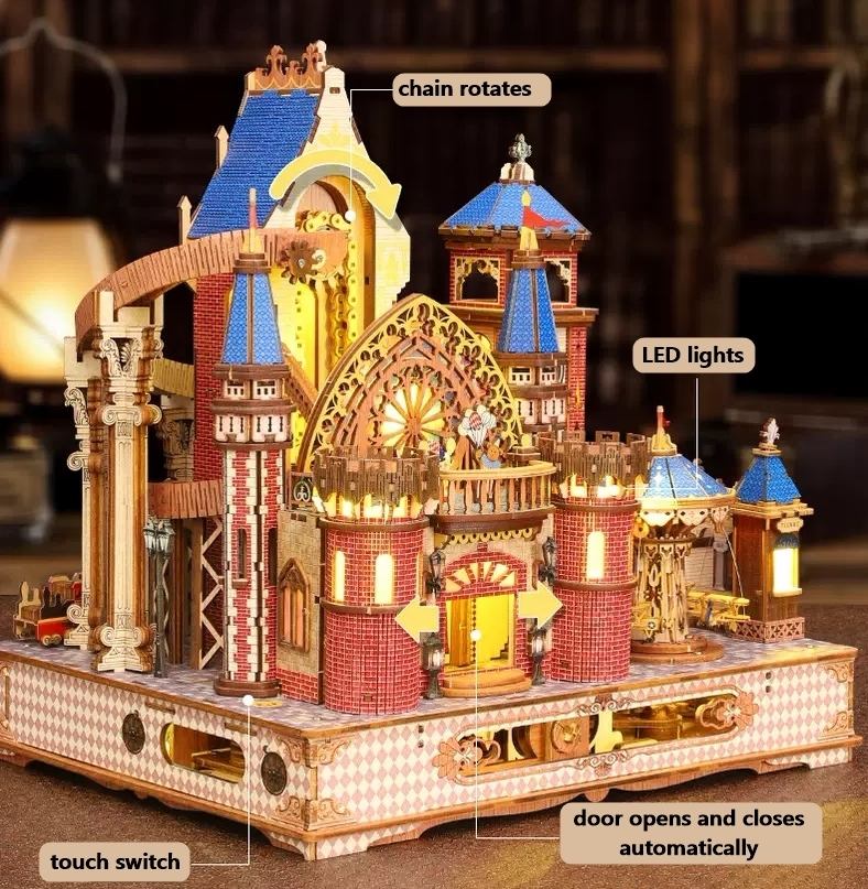 lit Annecy Castle Wooden Puzzle Model with labeled features