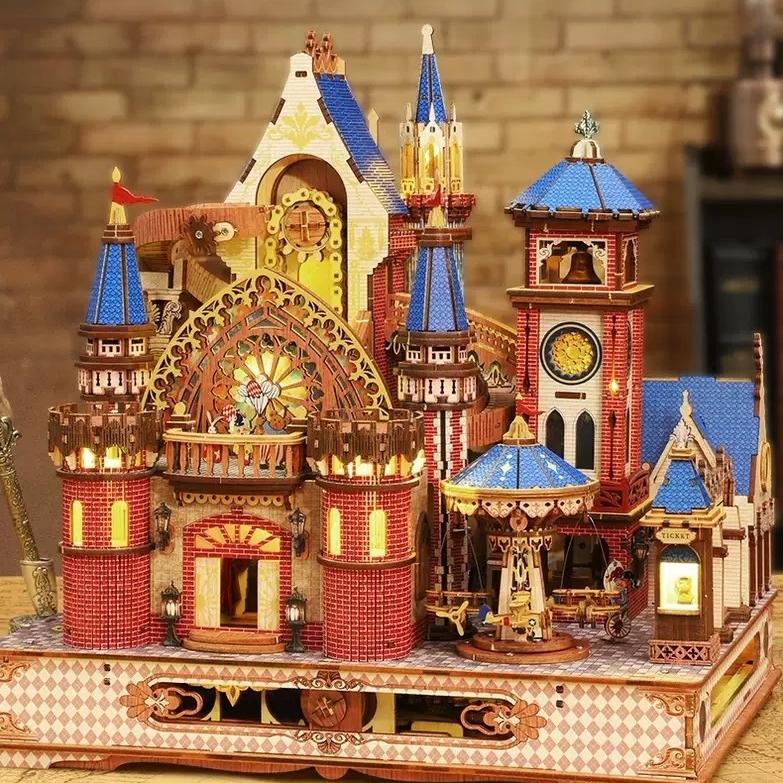 Detailed wooden puzzle model of a castle with multiple towers and architectural elements
