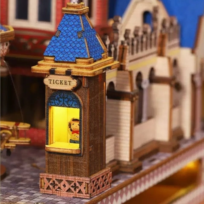 close-up the vintage ticket booth with a character inside, part of a 3D wooden puzzle castle scene