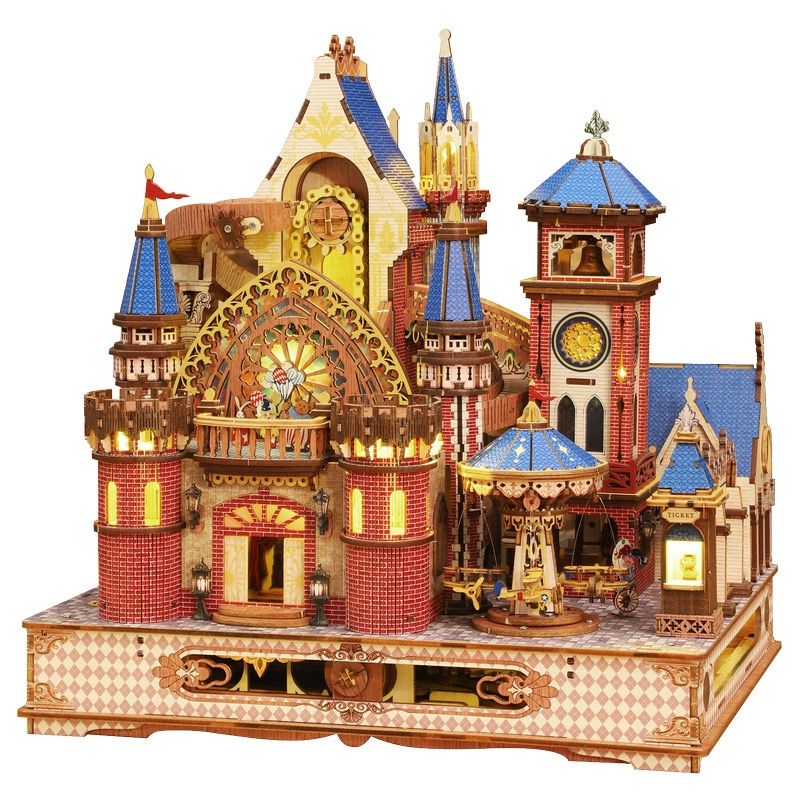 Detailed wooden puzzle model of a castle with multiple towers and intricate designs