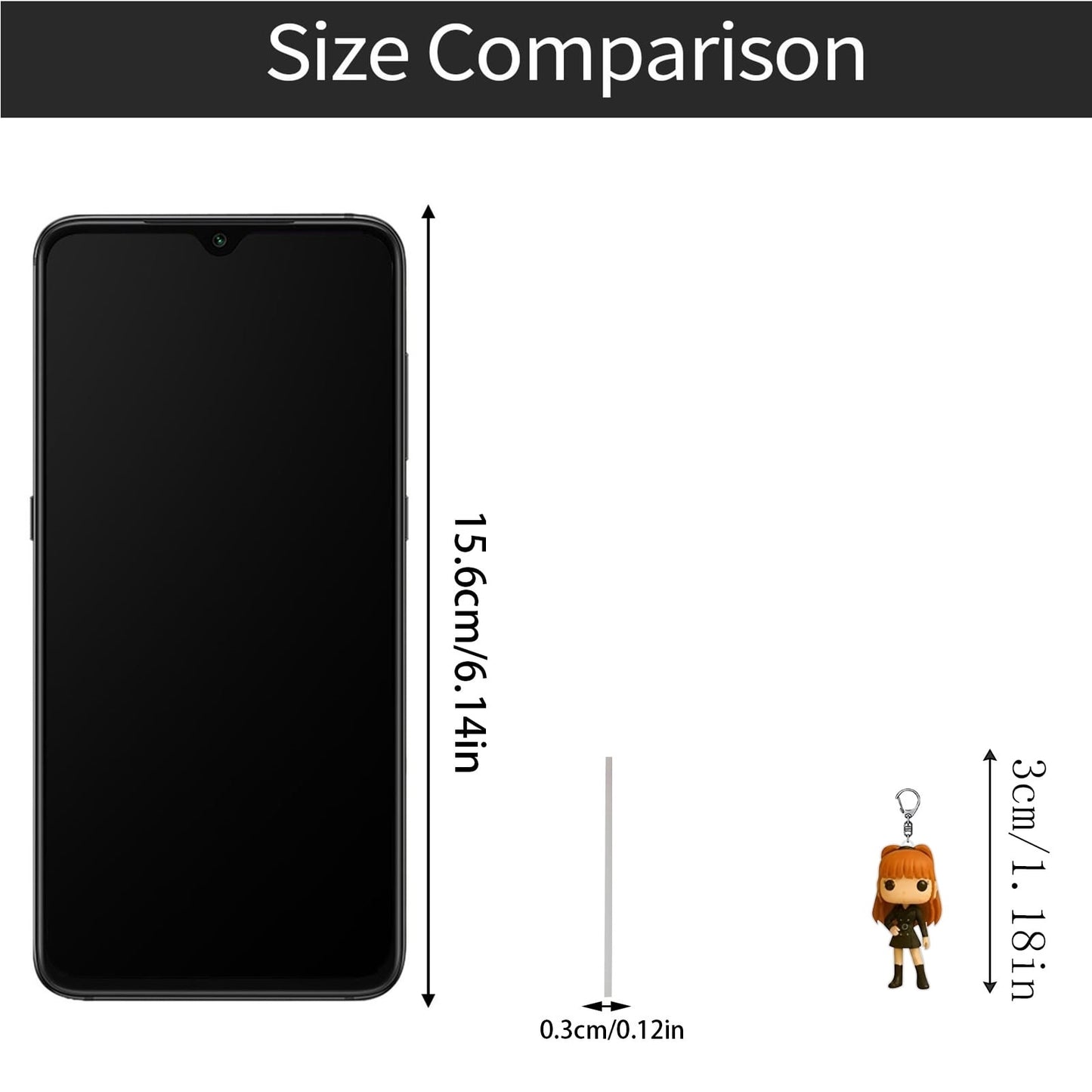 Size comparison of a smartphone and a small figurine with measurements.