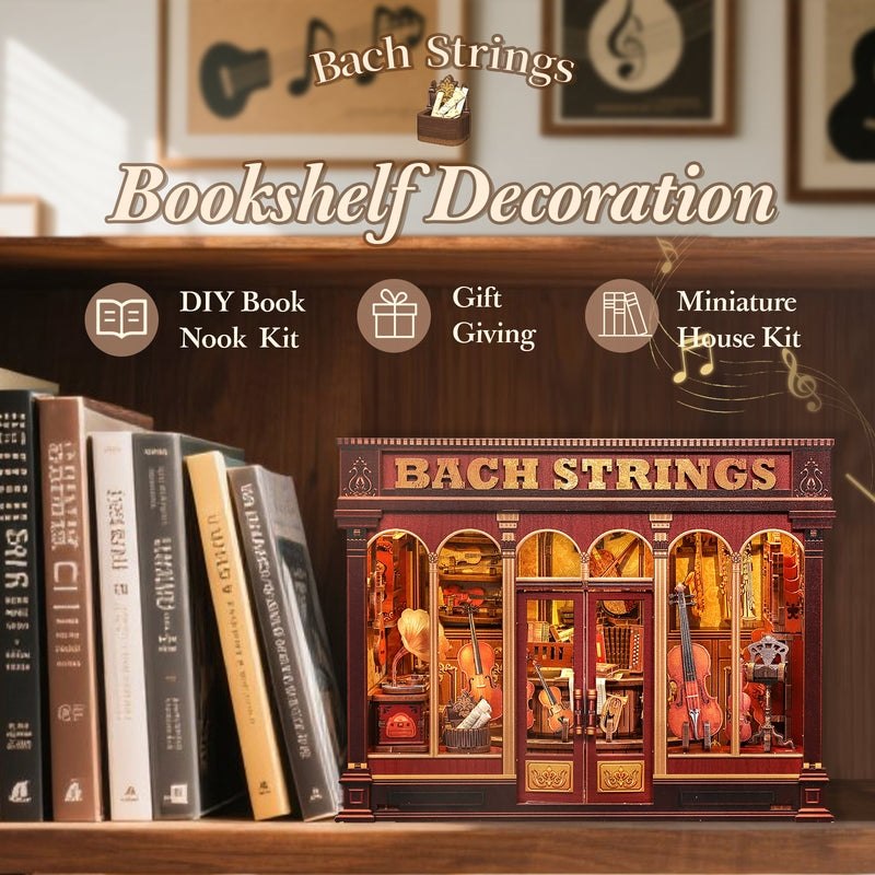 Bach Strings bookshelf decoration with books and decorative box on a shelf