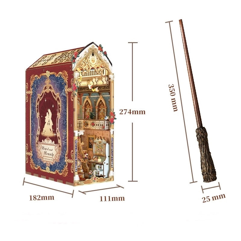 image displaying the sizes of Beauty and The Beast Book Nook and the magic wand