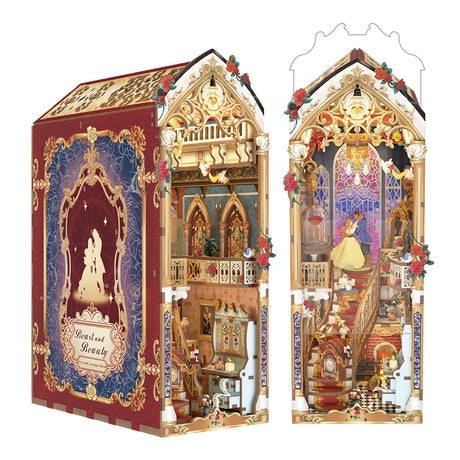 main image of Beauty and The Beast DIY Book Nook Kit, displaying the front and side view of it in white background