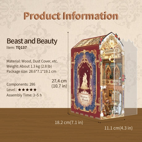 image displaying the specifications of Beauty and The Beast DIY Book Nook Kit