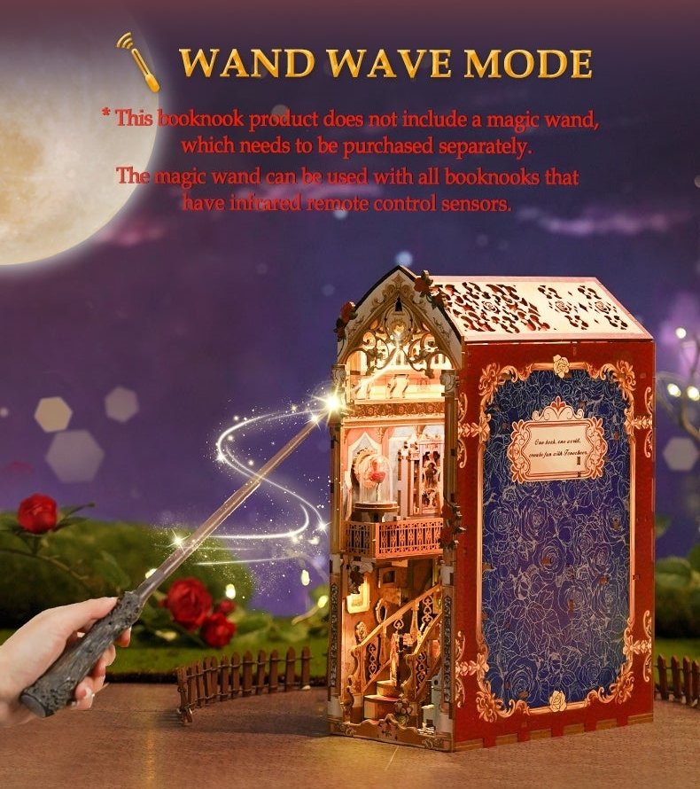 Book nook kit with optional magic wand to activate lights and music