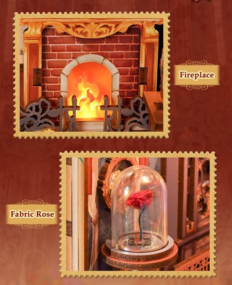 book nook kit with rose window, glowing fireplace, and intricate decor