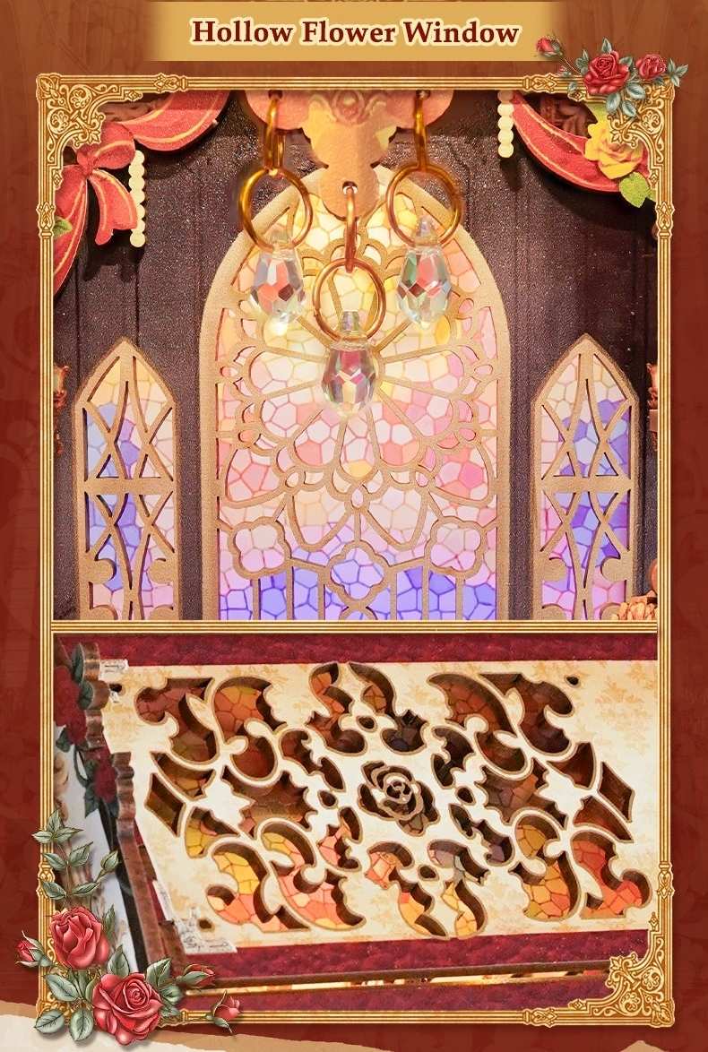 image displaying the intricate hollow-out Gothic rose window in Beauty and The Beast Book Nook