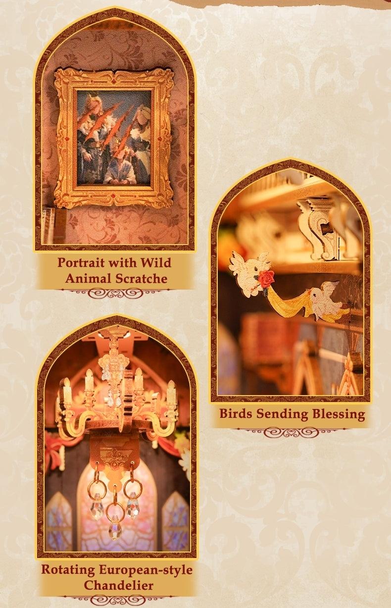 image displaying the decorative miniature in book nook, including the painting on wall, birds, and chandelier