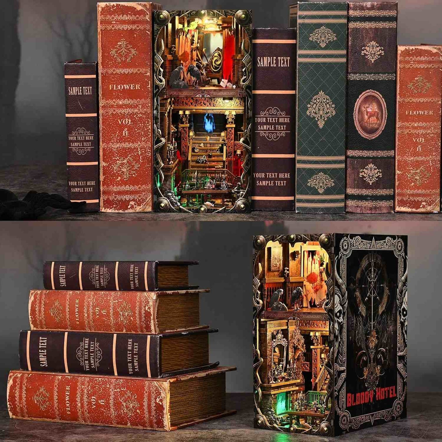Decorative horror-themed book nook with intricate designs and text, resembling old books.