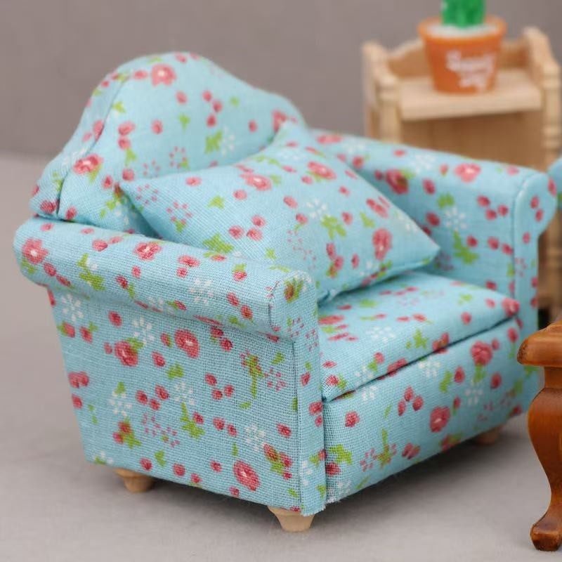 Blue Floral Fabric Dollhouse Miniature Sofa in 1:12 scale. Ideal for adding elegance to miniature homes.